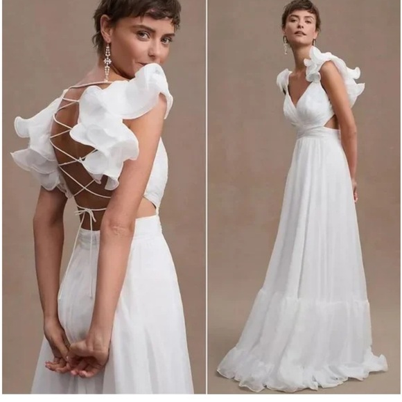 Mac Duggal White Ruffle Rosette Tiered Cut Out Chiffon 67911 Maxi Dress Wedding - Picture 2 of 8